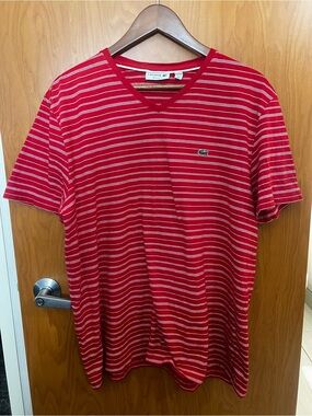 Lacoste Red & White Striped V-Neck Tee